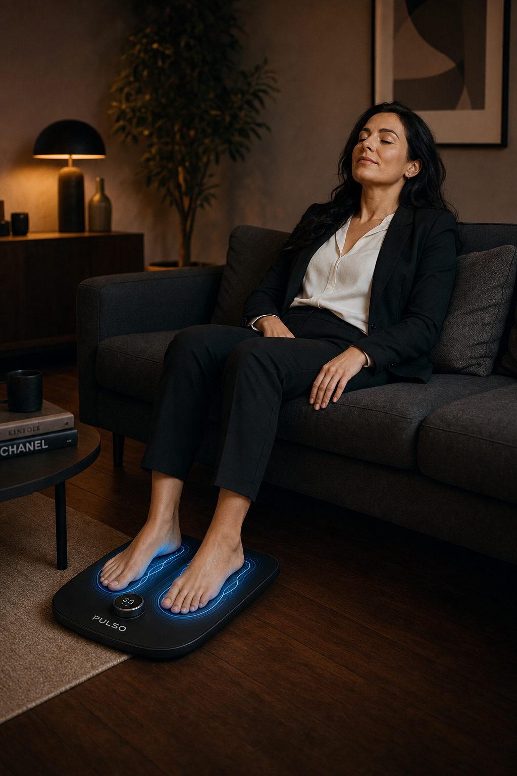 Woman relaxing with PULSO EMS Foot Massager after a long day at work